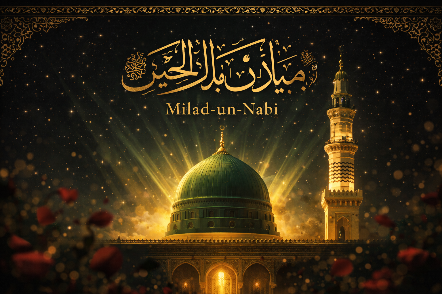 Iconic green dome of grand mosque rising against dark night sky with soft green and gold light rays, ornate Arabic calligraphy reading Milad-un-Nabi in gold, intricate Islamic patterns forming decorative border, rose petals in foreground -- HD wallpaper
